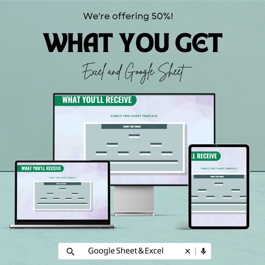 Family Tree Chart Sheet - Excel & Google Sheet Template | Visualize Family Lineage | Genealogy Organizer | Family History Template |