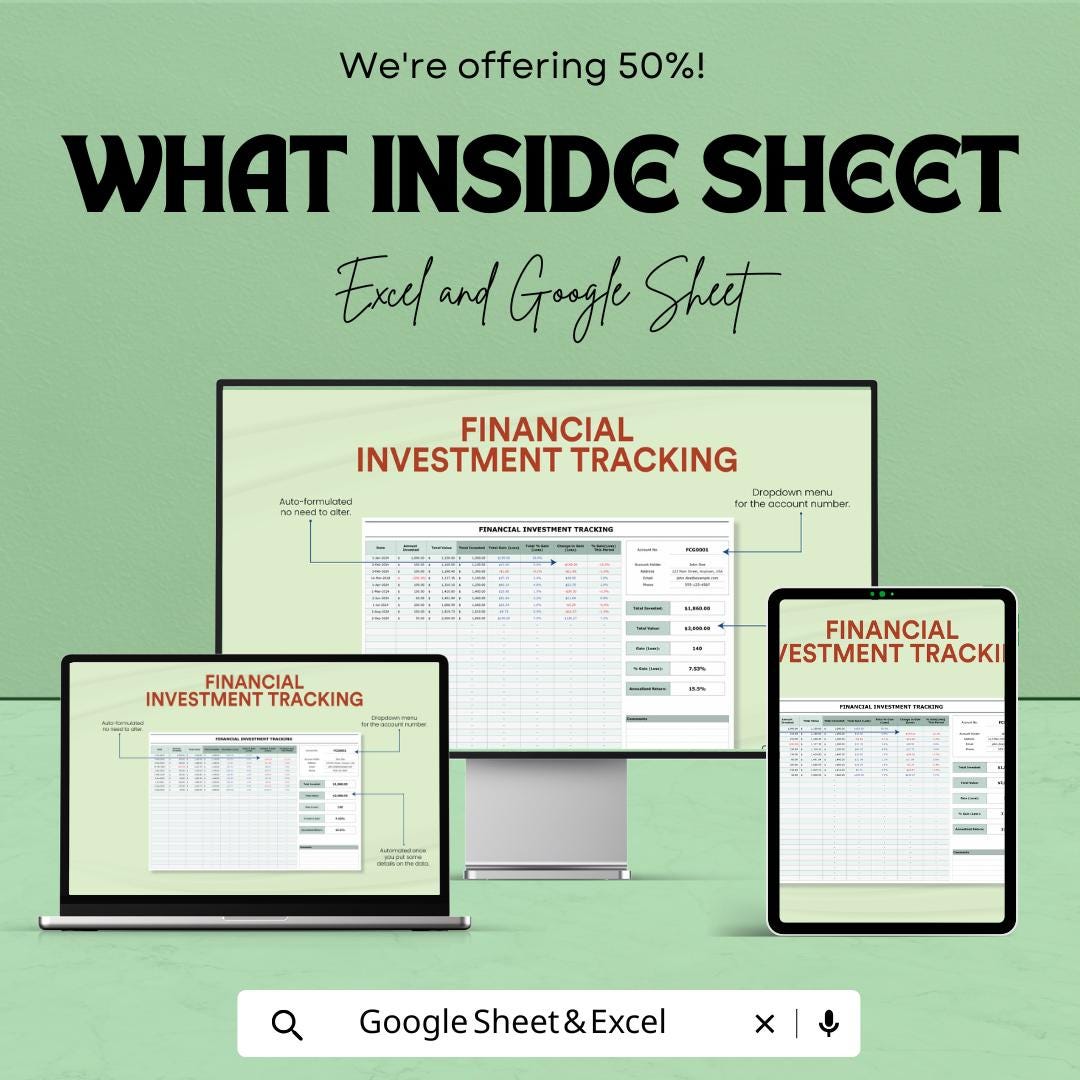 Financial Investment Tracking Template | Investment Log, Portfolio Tracker, Gain Loss Calculator, Finance Tracking Template
