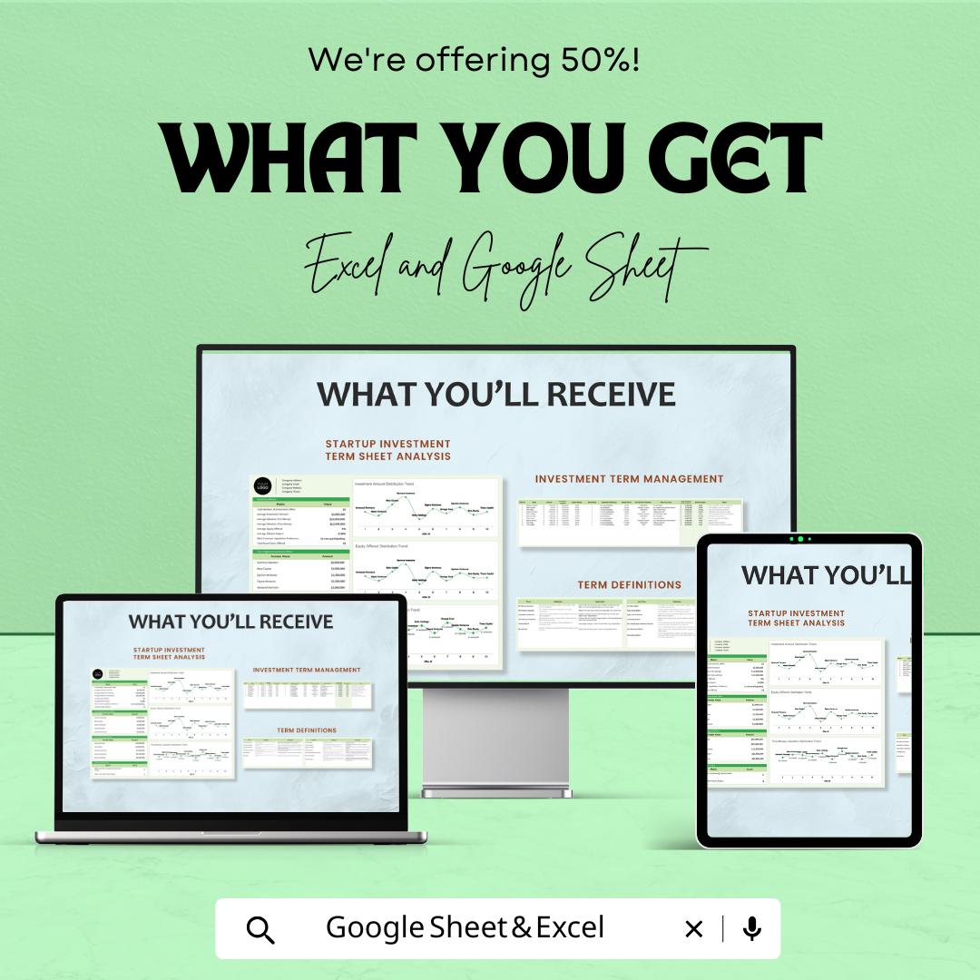 Startup Investment Term Sheet Analysis - Excel & Google Sheet Template for Investment Distribution, Equity Trends, and Financial Analysis