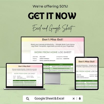 Sample Work From Home Log Sheet | Excel & Google Sheets Template | Track Tasks, Time, and Productivity | Remote Work Productivity Tool