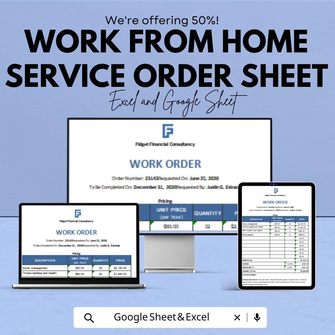 Work From Home Service Order Sheet | Google Sheets & Excel | Remote Work Agreement Template | Editable Work Order Form | Freelancer Invoice