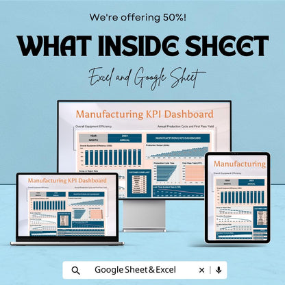 Manufacturing KPI Dashboard Excel and Google Sheet | Production Efficiency, Downtime Tracking, & Customer Complaints | Customizable Template