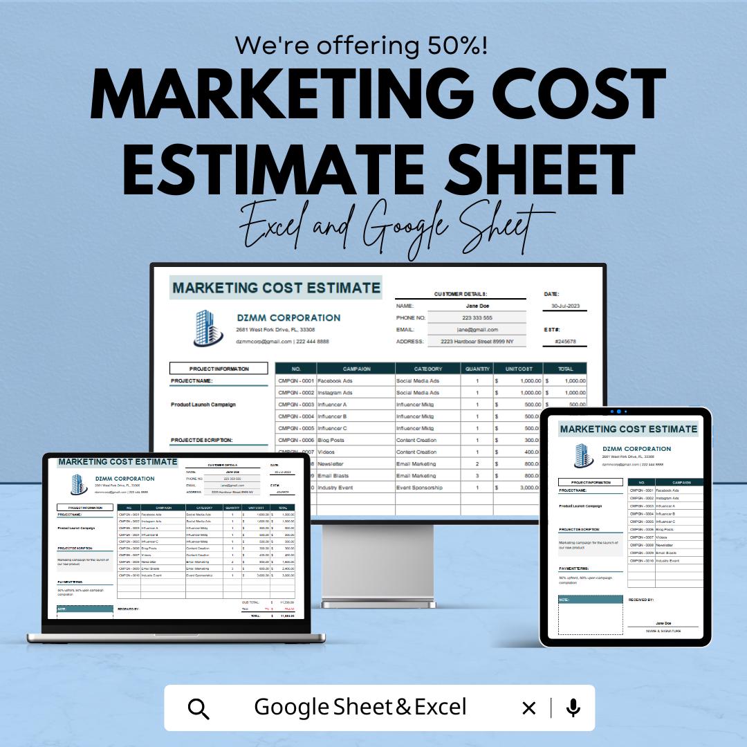 Marketing Cost Estimate Sheet Excel and Google Sheets | Budget Planner for Campaigns & Client Proposals