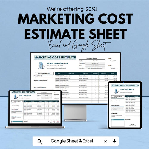 Marketing Cost Estimate Sheet Excel and Google Sheets | Budget Planner for Campaigns & Client Proposals