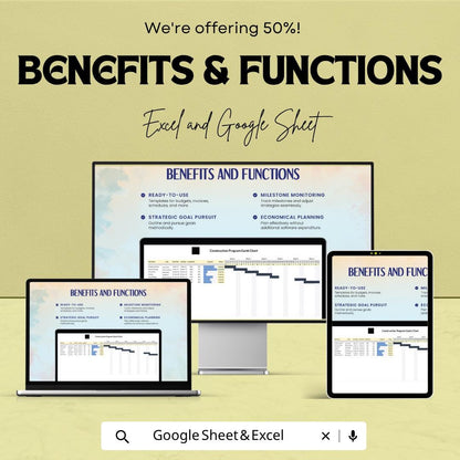 Construction Program Gantt Chart Template | Project Schedule Spreadsheet | Construction Timeline Planner | Excel & Google Sheets |