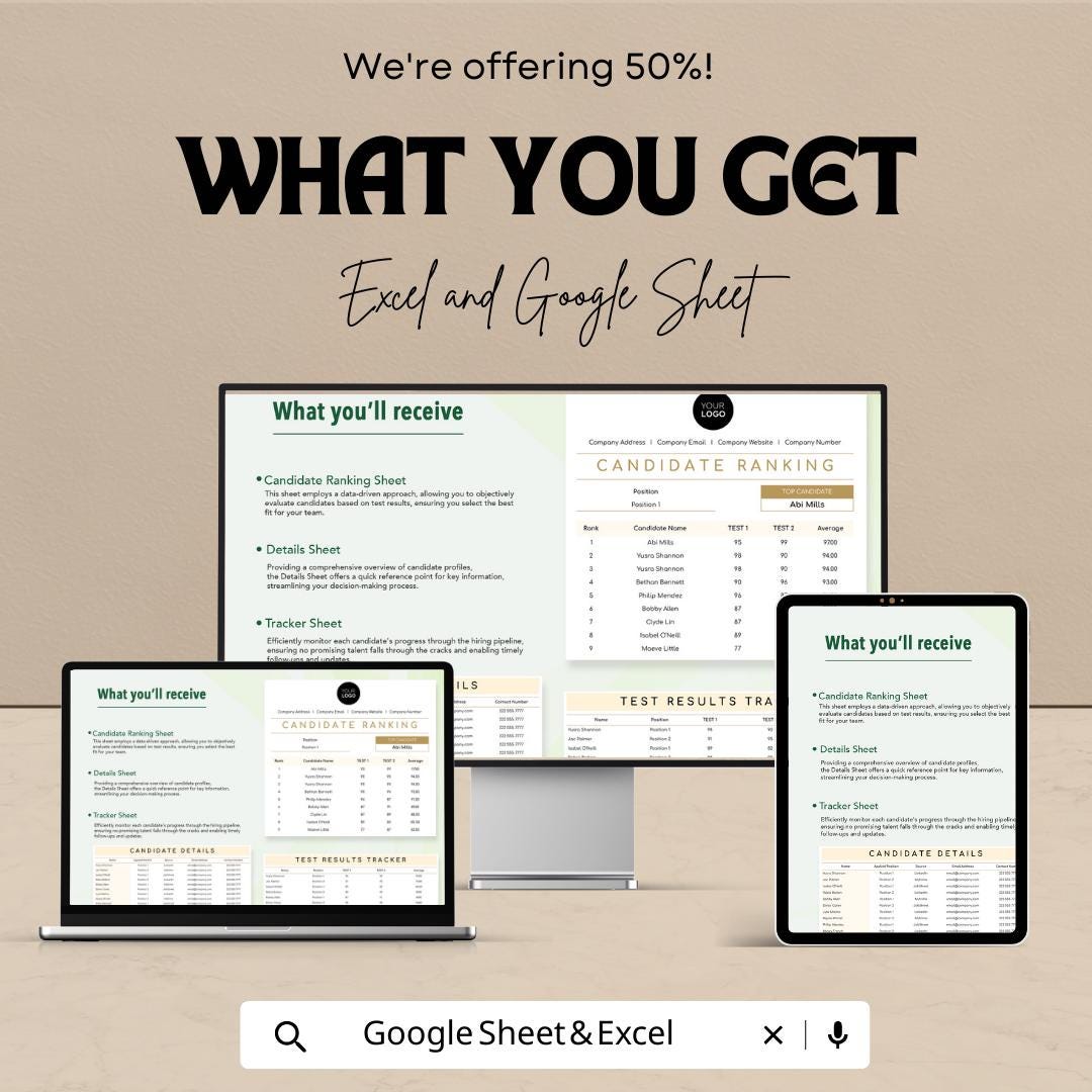 Candidate Ranking HR Template  | Test Results Ranking Spreadsheet | Hiring Evaluation Tracker | Recruitment Candidate Scorecard
