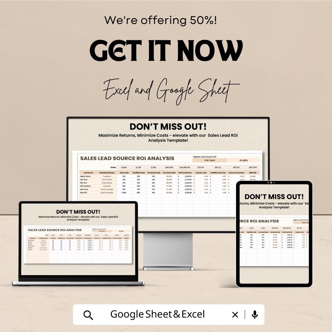 Sales Lead Source ROI Analysis Template | Lead Tracking Spreadsheet | Marketing ROI Calculator | Excel & Google Sheets | ROI Dashboard