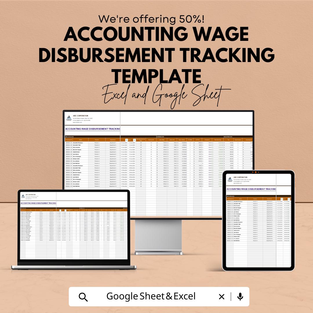 Accounting Wage Disbursement Tracking Template | Payroll Tracking Spreadsheet | Employee Payroll Log | Wage Management Tool