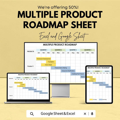 Multiple Product Roadmap Template - Editable Excel and Google Sheets - Plan & Track Product Progress Across Multiple Quarters