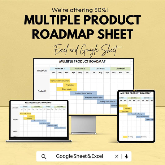 Multiple Product Roadmap Template - Editable Excel and Google Sheets - Plan & Track Product Progress Across Multiple Quarters