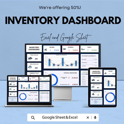 Inventory Dashboard for Excel & Google Sheets | Track Stock, Revenue and Expenses | Dynamic Business Management Tool