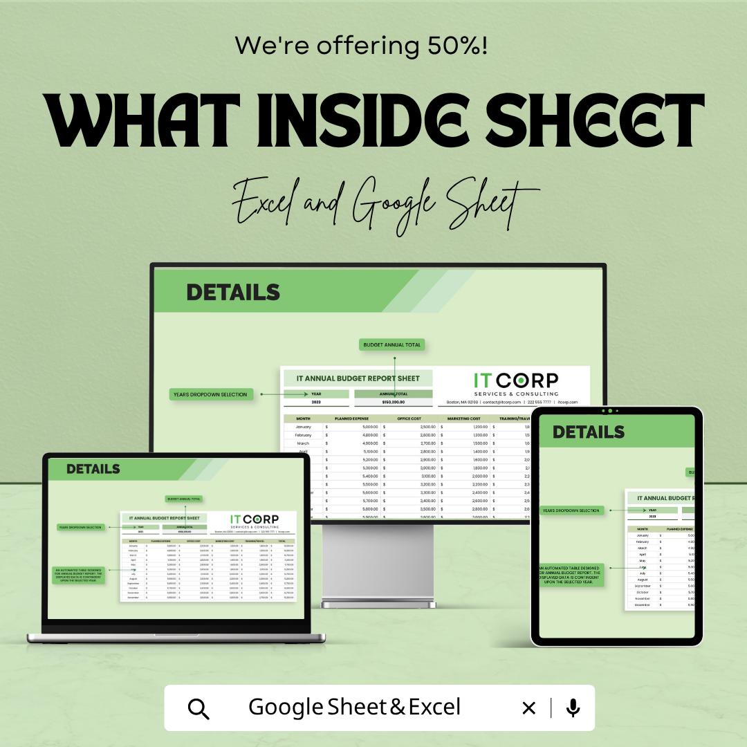 IT Annual Budget Report Template | IT Budget Spreadsheet | Yearly Expense Tracker | Excel & Google Sheets | Business Financial Planner