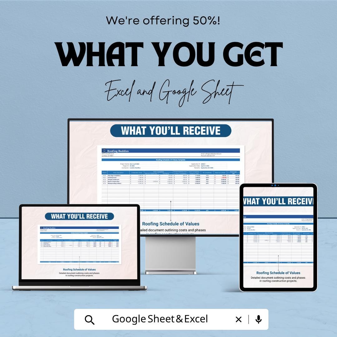 Roofing Schedule Of Values Template | Construction Schedule of Values | Contractor Payment Template | Progress Billing Template