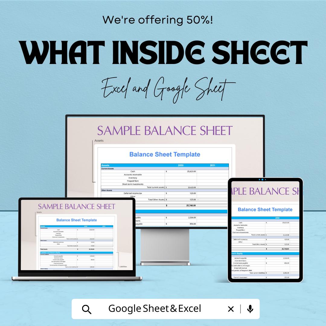 Sample Balance Sheet | Excel and Google Sheet | Business Financial Statement Template | Assets Liabilities Tracker | Finance Planner