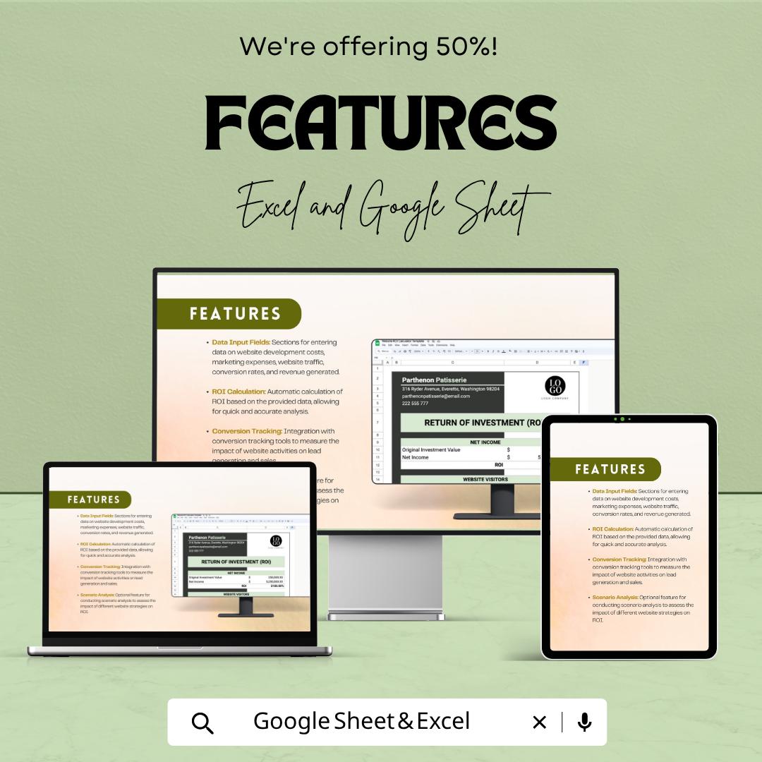 Website ROI Calculator Template | Website Investment Calculator | Marketing ROI Spreadsheet | Business Analytics Tool
