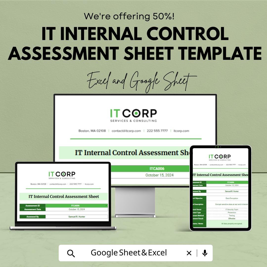 IT Internal Control Assessment Template | IT Audit Checklist Sheet | Internal Control Evaluation Sheet | Compliance and Risk Assessment Tool