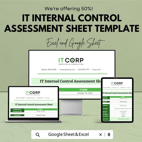 IT Internal Control Assessment Template | IT Audit Checklist Sheet | Internal Control Evaluation Sheet | Compliance and Risk Assessment Tool