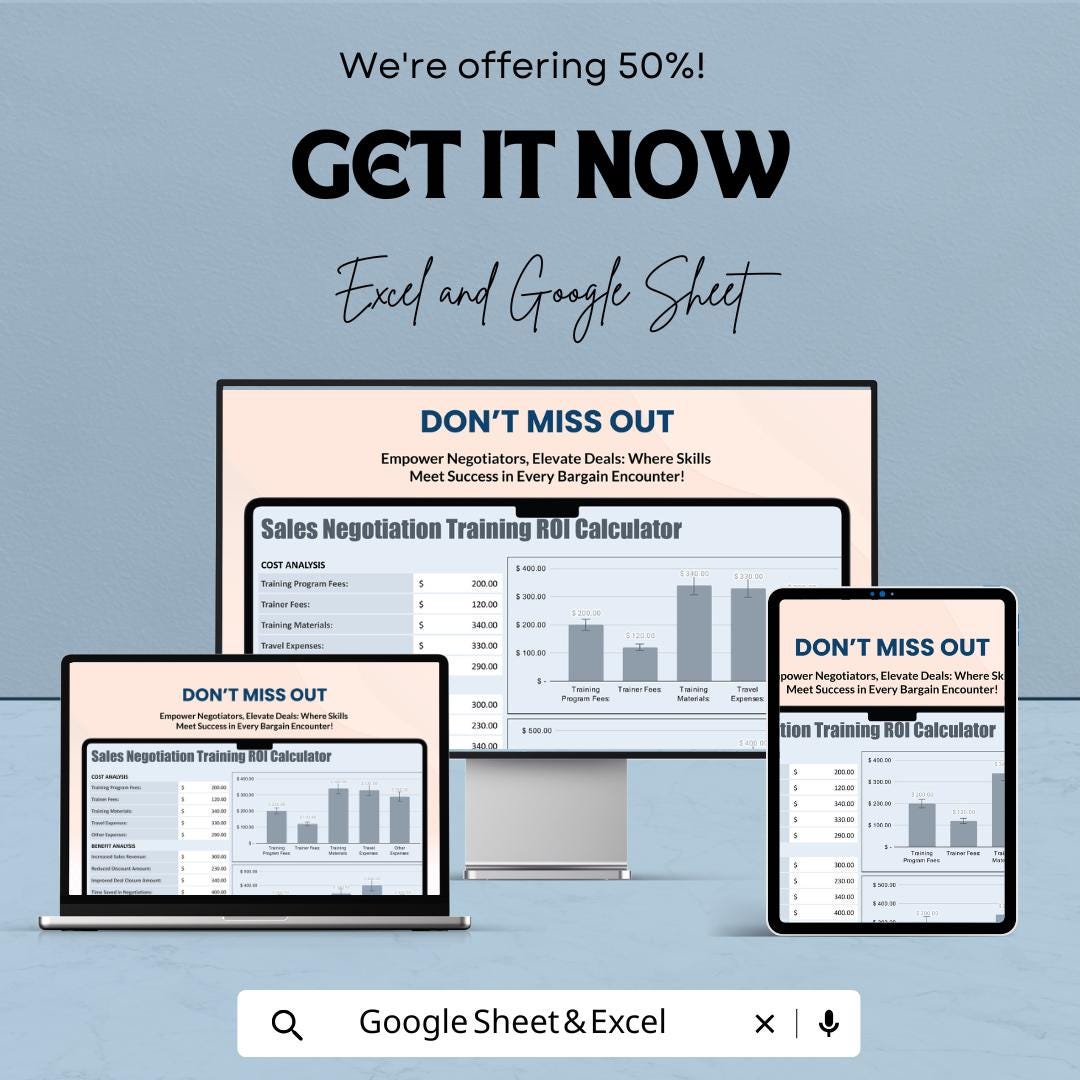Sales Negotiation Training ROI Calculator Template | Training Cost Benefit Analysis, ROI Tool, Sales Performance Template
