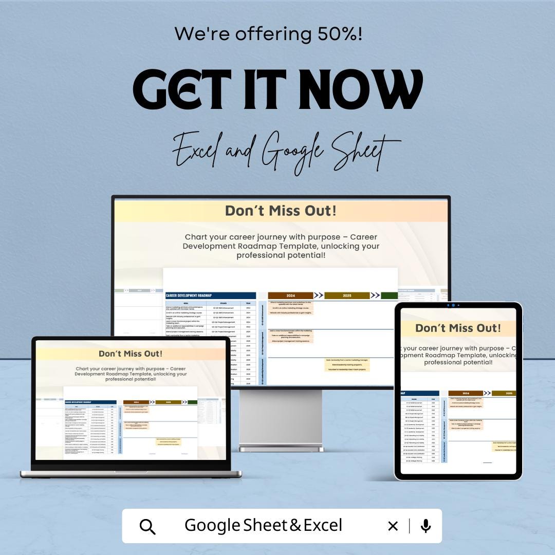 Career Development Roadmap Template Excel & Google Sheets | Career Planning Spreadsheet | Professional Growth Planner | Career Goal Tracker