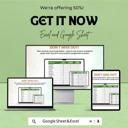Student Assignment Tracker Template | Homework Tracker Spreadsheet | Study Planner | Assignment Log | Deadline Tracker