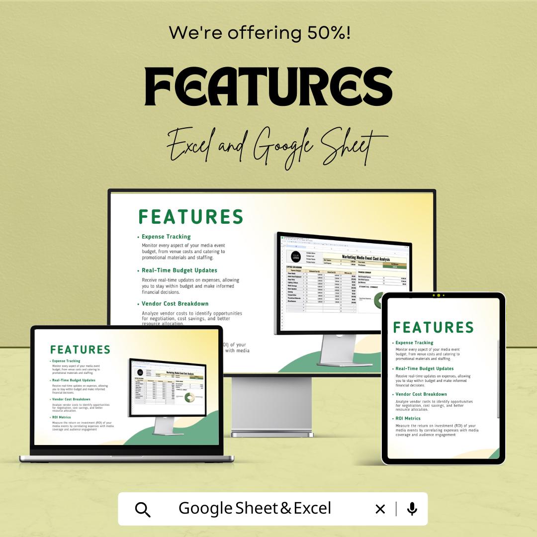 Marketing Media Event Cost Analysis Template | Excel & Google Sheets Budget Planner | Event Expense Tracker | Financial Summary Dashboard