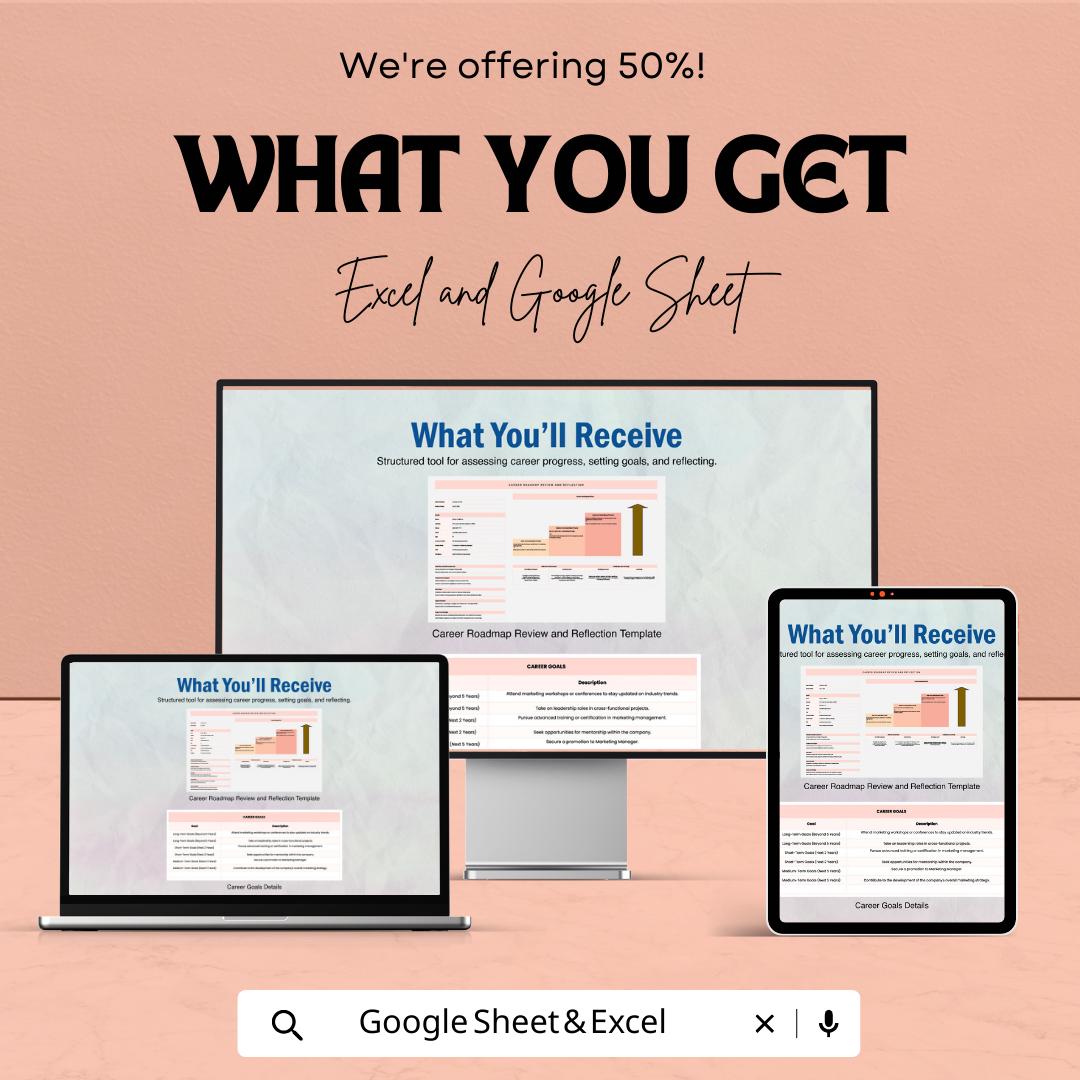 Career Roadmap Review and Reflection Template | Career Progress Tracker | Professional Self Assessment Planner | Career Growth Worksheet
