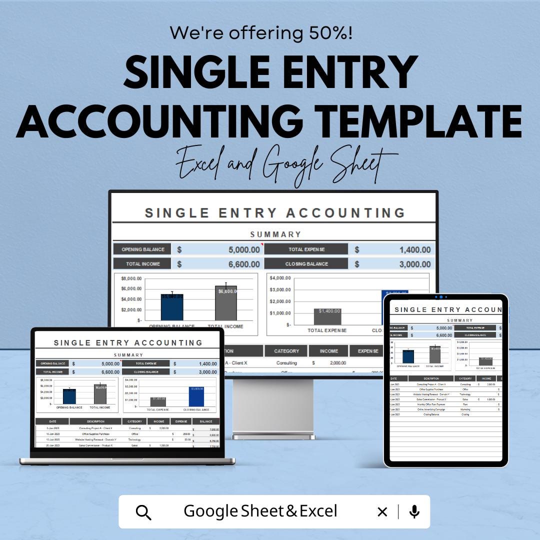 Single Entry Accounting Template | Simple Bookkeeping Spreadsheet | Income Expense Tracker | Small Business Accounting Sheet