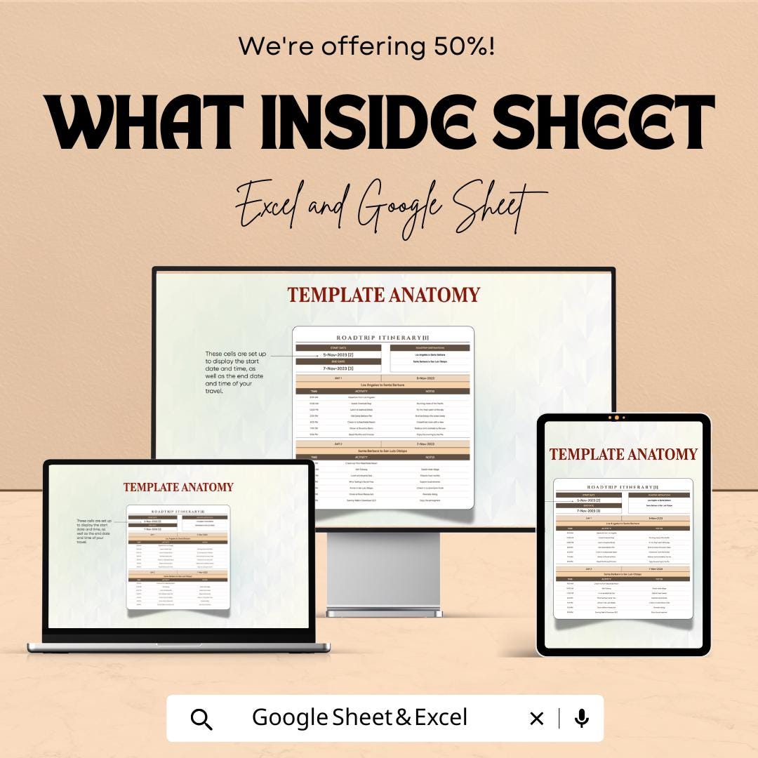 Road Trip Itinerary Sheet - Printable Excel & Google Sheets Template for Smooth Travel Planning