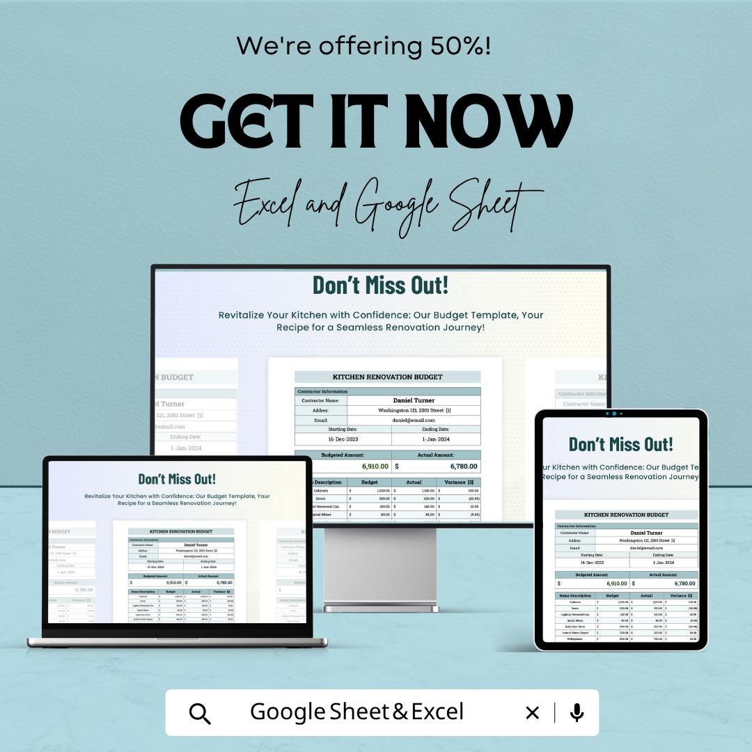 Kitchen Renovation Budget Template Excel Google Sheets | Home Remodel Budget Planner | Kitchen Remodel Cost Tracker | Contractor Expense