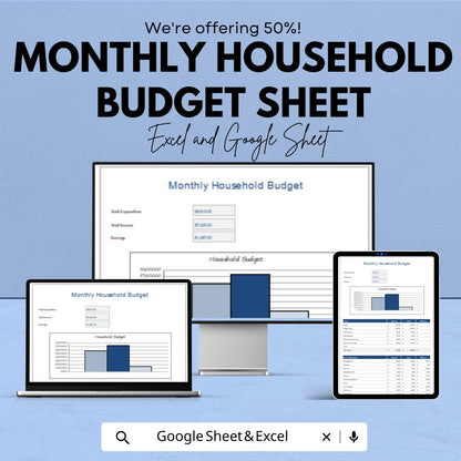 Monthly Household Budget Spreadsheet | Google Sheets & Excel Template | Income Expense Tracker | Personal Finance Planner