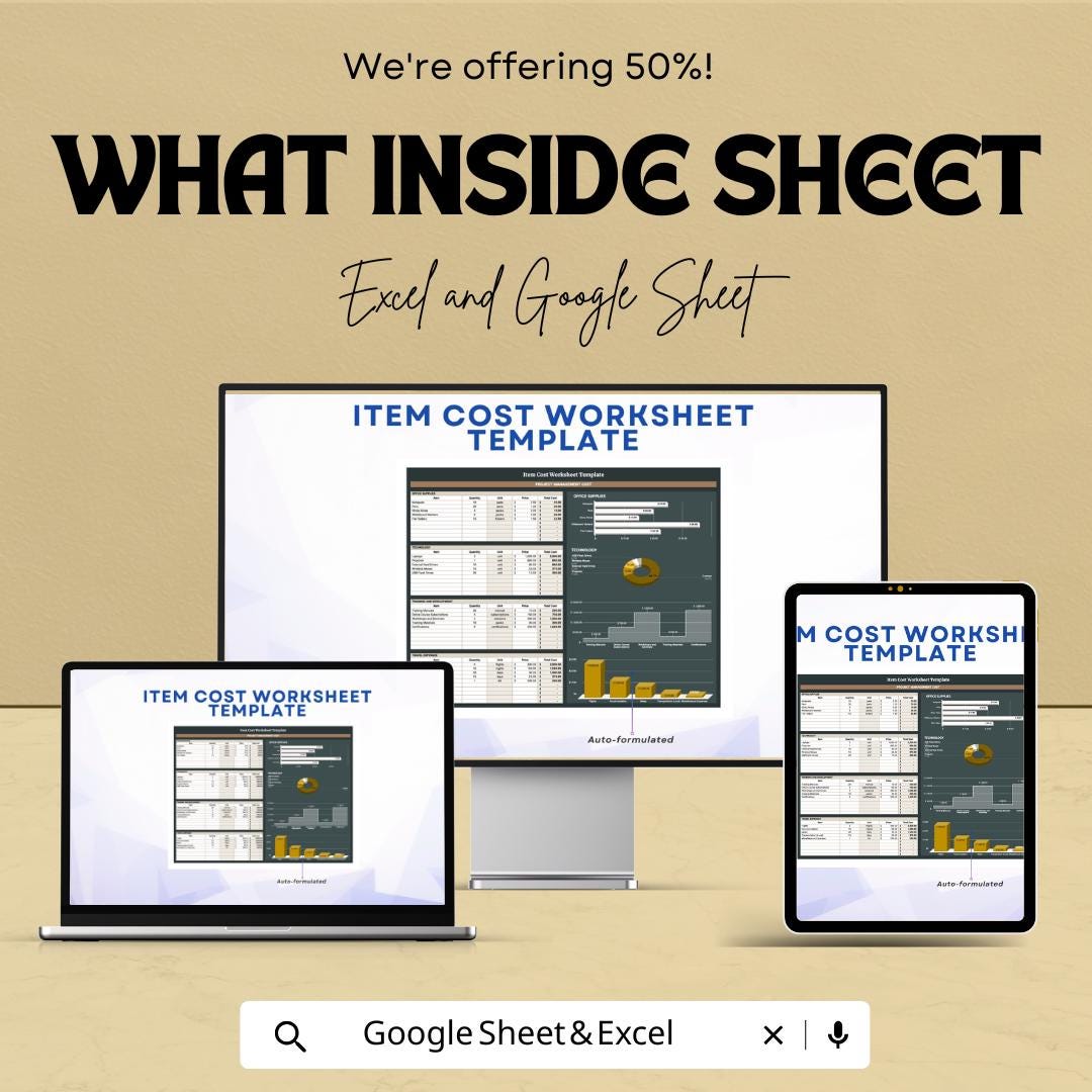 Item Cost Worksheet Template | Excel and Google Sheet | Track Project Costs, Profit Margins & Pricing