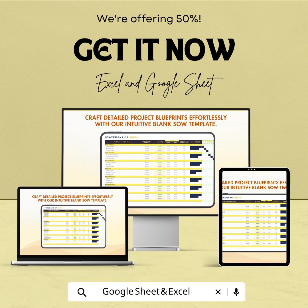 Blank Statement of Work Template | SOW Template Excel | Project Management Tracker | Gantt Chart Planner