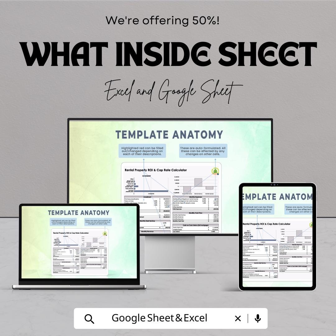 Rental Property ROI & Cap Rate Calculator | Excel and Google Sheets Real Estate Investment Analyzer | Cash Flow and Return Spreadsheet