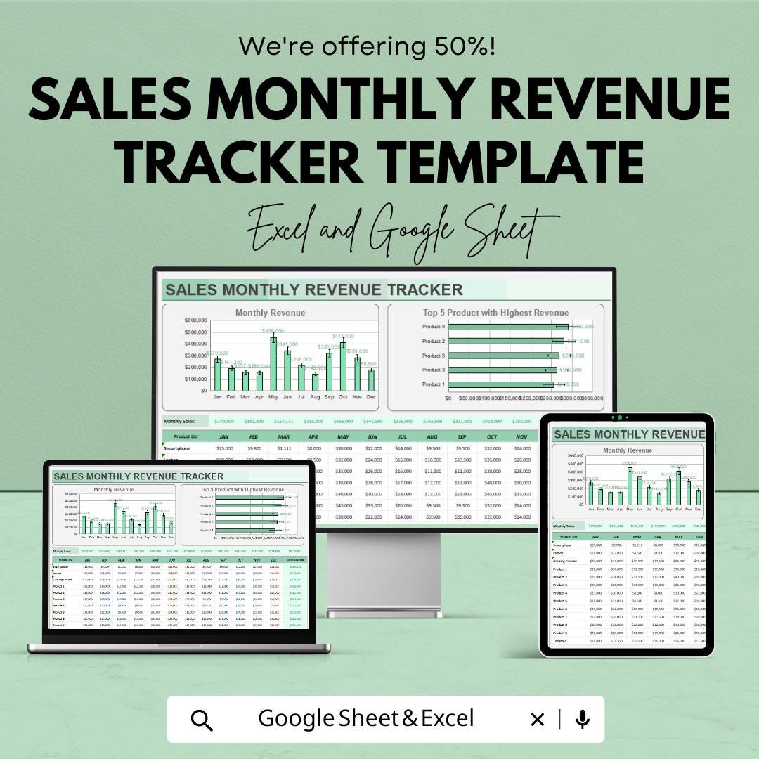 Sales Monthly Revenue Tracker Template | Excel & Google Sheets | Business Income Tracker | Monthly Sales Dashboard | Finance Planner