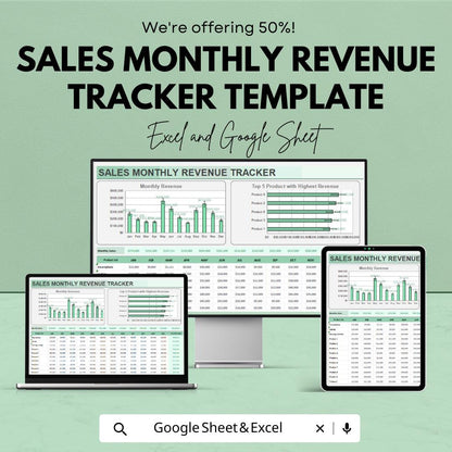 Sales Monthly Revenue Tracker Template | Excel & Google Sheets | Business Income Tracker | Monthly Sales Dashboard | Finance Planner