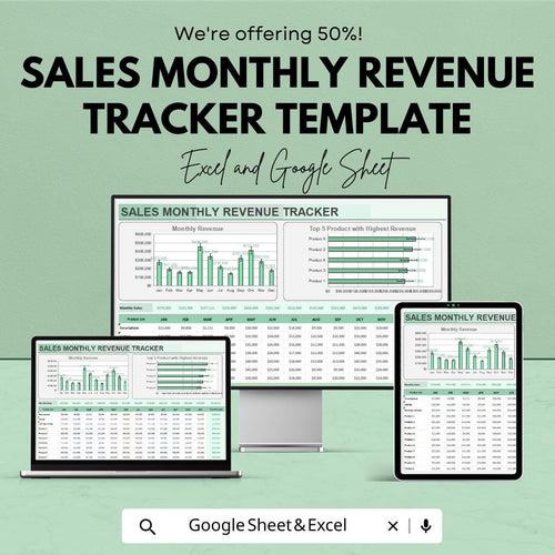 Sales Monthly Revenue Tracker Template | Excel & Google Sheets | Business Income Tracker | Monthly Sales Dashboard | Finance Planner