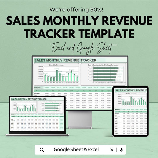 Sales Monthly Revenue Tracker Template | Excel & Google Sheets | Business Income Tracker | Monthly Sales Dashboard | Finance Planner