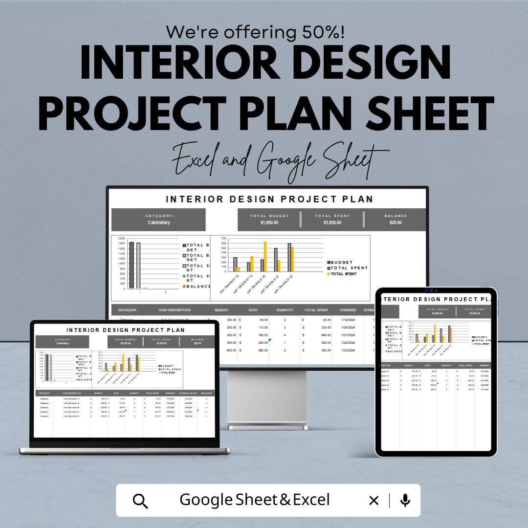 Interior Design Project Plan Sheet - Excel & Google Sheet Template for Budget, Timeline, and Resource Management - Home Design Planning Tool
