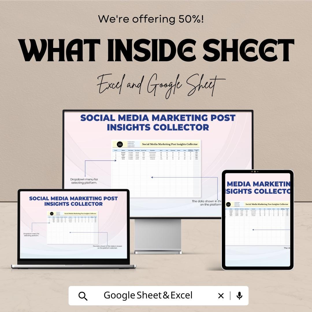 Social Media Marketing Post Insights Collector Template | Excel & Google Sheets | Social Media Analytics Tracker | Post Performance Log |