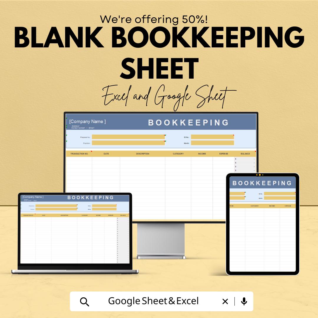 Blank Bookkeeping Spreadsheet Template | Google Sheets & Excel | Income Expense Tracker | Business Finance Log | Editable Accounting Sheet