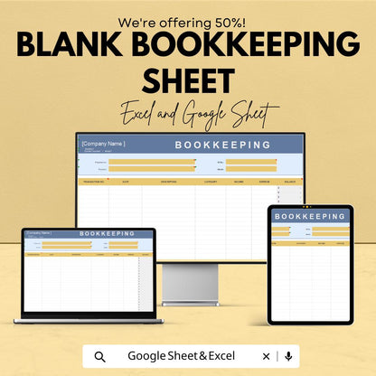 Blank Bookkeeping Spreadsheet Template | Google Sheets & Excel | Income Expense Tracker | Business Finance Log | Editable Accounting Sheet