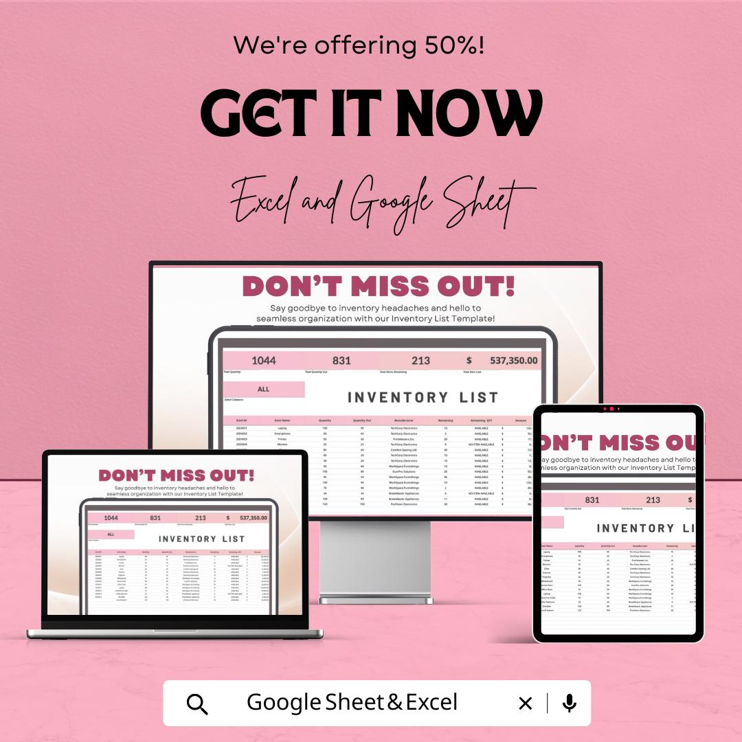 Inventory List Template | Excel & Google Sheets | Stock Management Tracker | Product Inventory Log | Business Organizer Spreadsheet