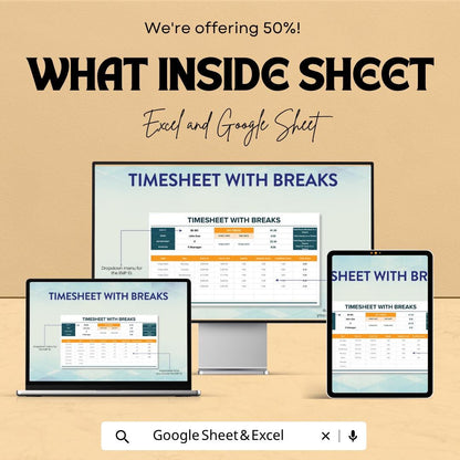 Timesheet with Breaks Template | Employee Timesheet Spreadsheet | Work Hours & Break Tracker | Payroll Time Log Sheet
