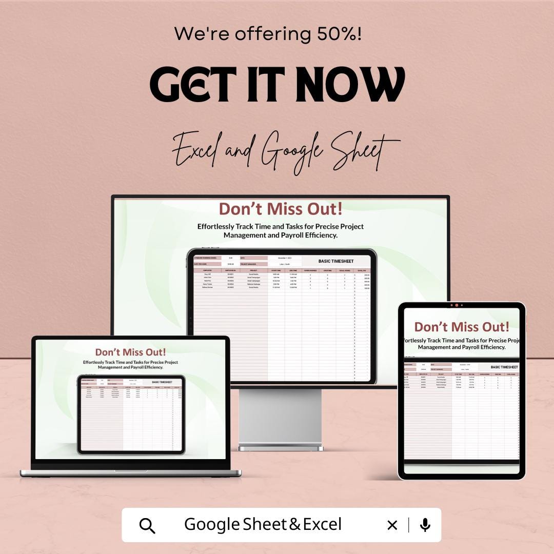 Basic Timesheet Template | Excel and Google Sheets | Employee Work Hours Tracker | Project Task Time Log | Payroll Timesheet Sheet