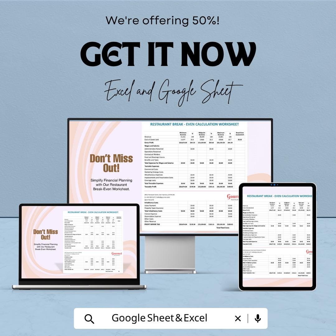 Restaurant Break Even Calculator | Food Business Financial Planner | Profit Analysis Spreadsheet | Cost & Revenue Tracker