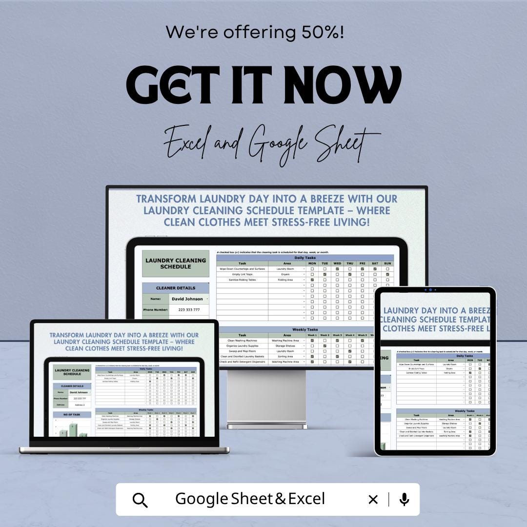 Laundry Cleaning Schedule Template | Cleaning Checklist Spreadsheet | Housekeeping Planner | Laundry Tracker