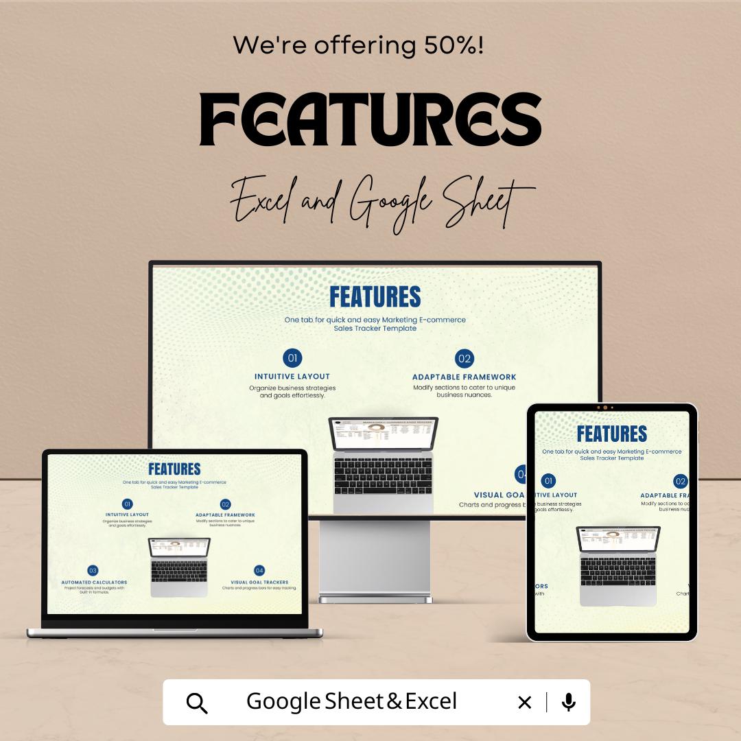 Marketing E-Commerce Sales Tracker Sheet | Excel and Google Sheets Template | Business Order & Revenue Dashboard