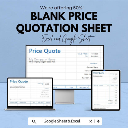 Blank Price Quotation Sheet | Editable Excel & Google Sheets Template | Customizable Quote Form | Instant Download for Business