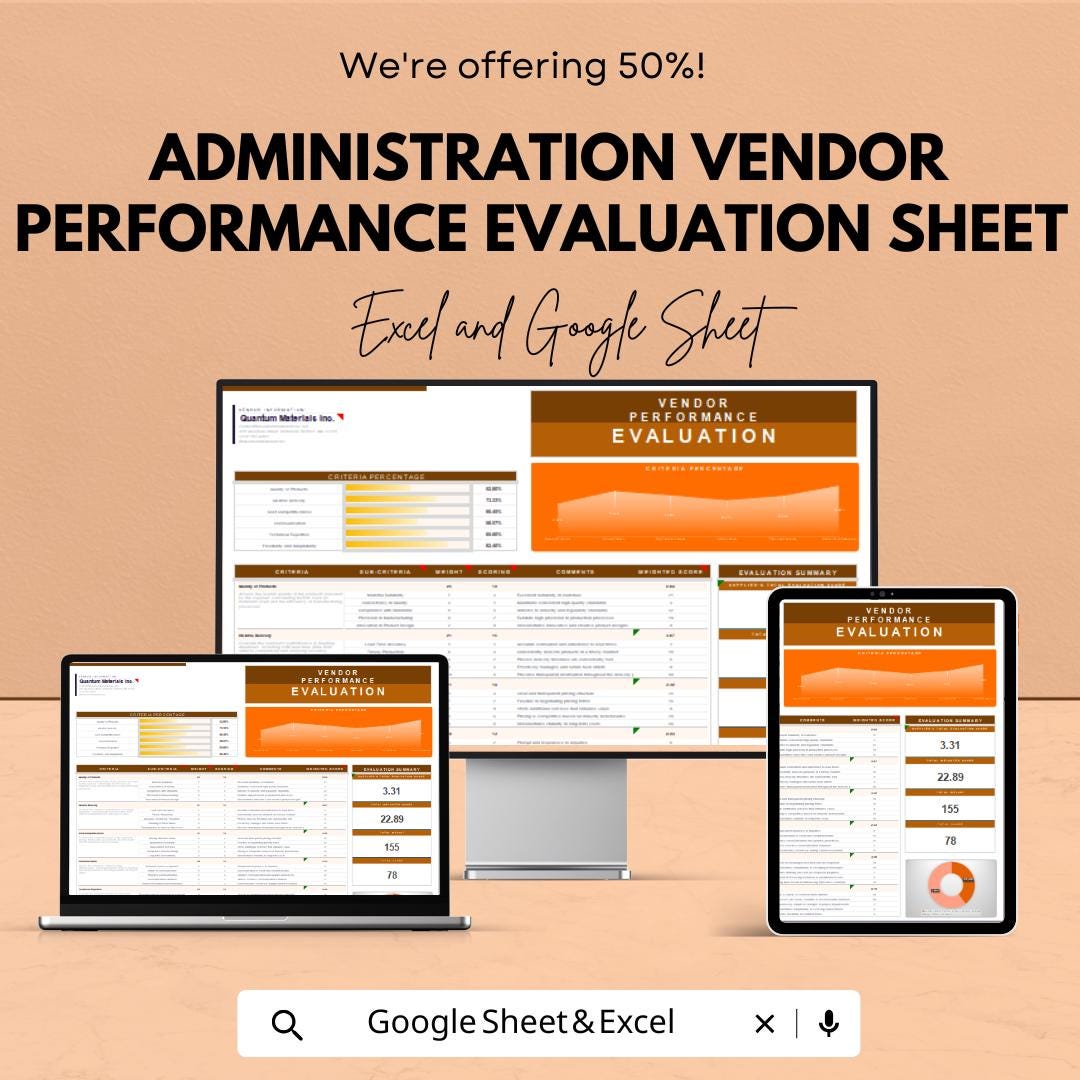 Vendor Performance Evaluation Sheet - Google Sheets | Administration Tool for Supplier Scoring and Feedback | Procurement Performance