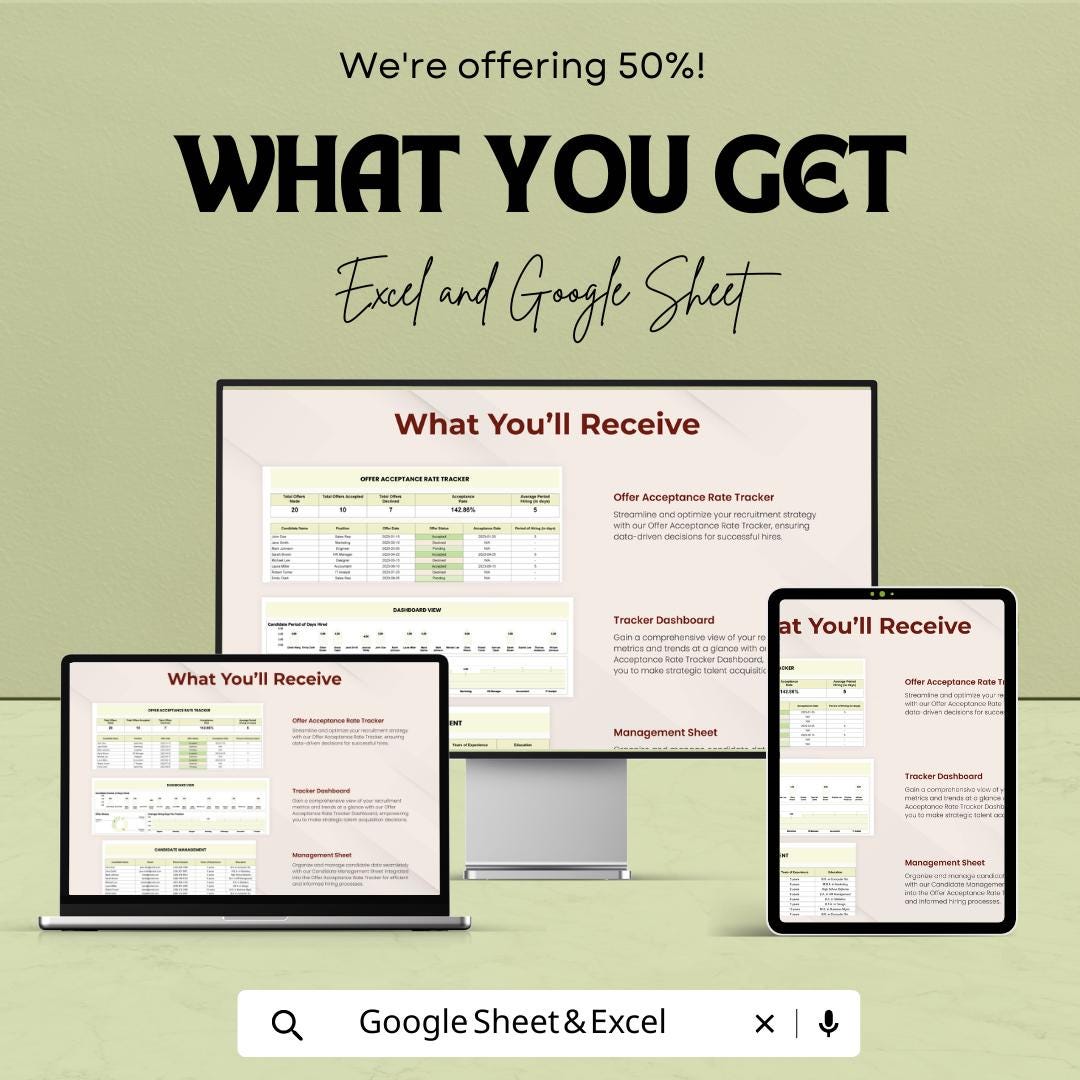 Offer Acceptance Rate Tracker HR Template | Recruitment Analytics Dashboard | Hiring KPI Spreadsheet | Candidate Tracking Tool